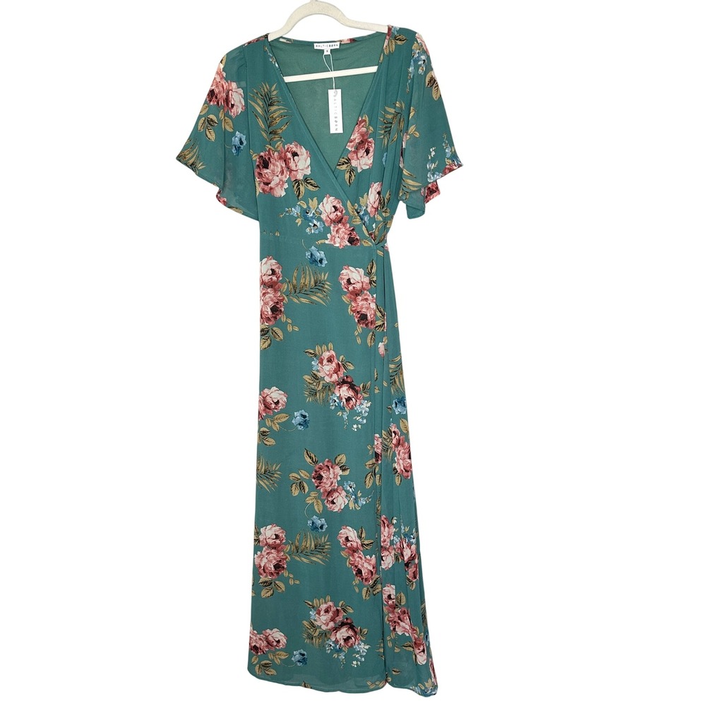 Baltic Born Ivy Wrap Maxi Dress Persian Green Floral Flutter Sleeve Small NWT